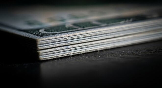 A thick stack of US dollar banknotes shown in a close-up macro view, highlighting the intricate details and texture of the currency.