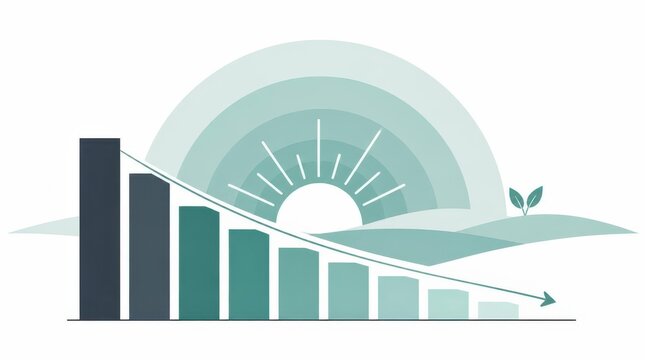 Abstract geometric layers of a rising sun integrated into a gigapixel standard bar chart concept for business growth, development and environmental sustainability analysis in wide format presentation.