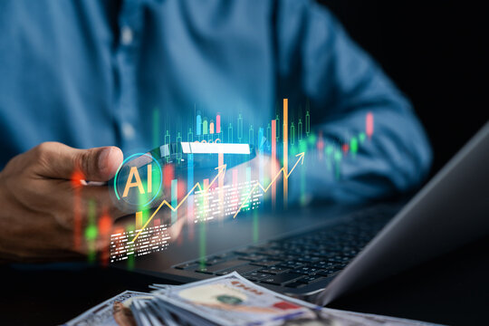 Artificial intelligence stock market cycle investment and finance growth. Man using smartphone and laptop with cash money analyzing upward candlestick chart trend for wealth business strategy.