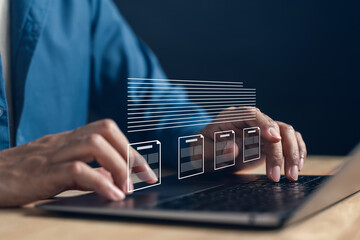 Obraz premium Writer typing news article on laptop with virtual document interface. Concept of online journalism, content creation, blogging and electronic media publishing.