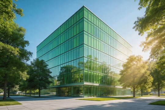 Modern sustainable green office building with glass facade and tree reflections