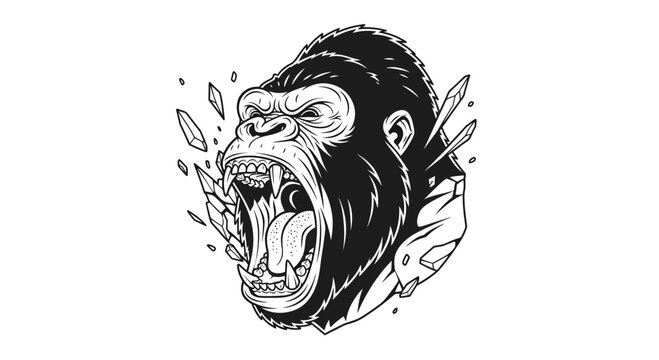 Furious Gorilla Head Illustration - Aggressive Ape Roaring with Shattering Elements