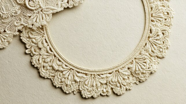 Ivory lace collar on neutral backdrop, delicate handmade crochet with scalloped trim and intricate embroidery, soft natural tones evoke cottagecore slow living, closeup texture emphasizes artisanal