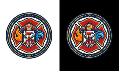 Fototapeta premium A graphic illustration of a shield and flames on a red and white emblem with a blue border on a white and black background.