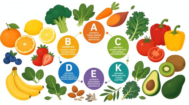 A colorful and educational infographic illustration showcasing various essential vitamins (A, B Complex, C, D, E, and K) and their natural food sources.