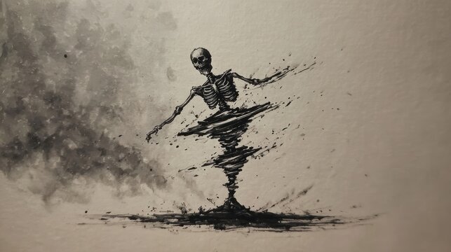 Artistic depiction of a skeleton in motion against a textured backdrop