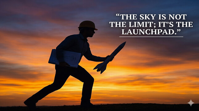 A conceptual stock photo showing an engineer or scientist in a hard hat carrying a model rocket and a folder at sunset, with the quote "The sky is not the limit; it's the launchpad."