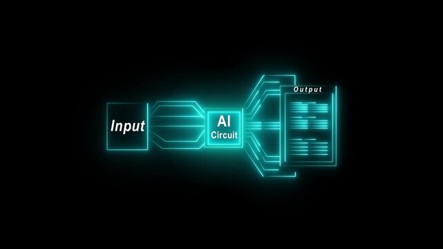 AI Circuit Depiction of Simple of input Workflow with Ai and the output which are neon on black background.Automate daily Tasks Smart AI solutions improve repetitive work.4k animation 4k video...