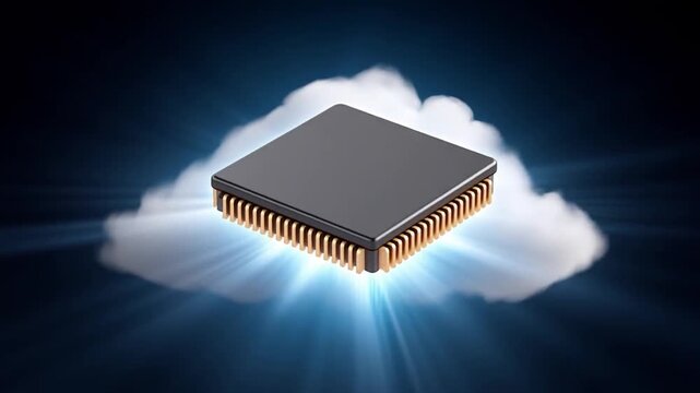 Cinematic microchip floating to cloud with glowing light rays dark background poster style digital electronic technology