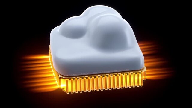 Cinematic chip glowing with golden light and cloud technology in futuristic electronic poster style design on black background
