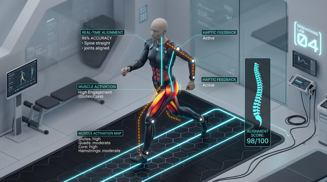 Futuristic biohacking lab analyzes runner motion and muscle activation