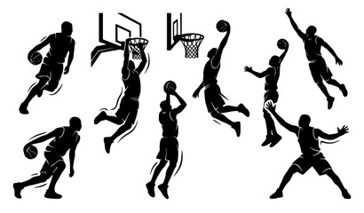 Basketball Player Silhouette Vector Set with Dunk Shooting and Athletic Sports Action Poses © HoriProshad