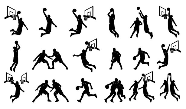 Dynamic Basketball Athlete Silhouettes with Hoop Action Jump Shots and Competitive Sports Vector Art