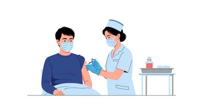 Vector illustration of a female nurse in a light blue uniform and face mask administering a vaccine injection into the upper arm of a male patient wearing a mask on white background.