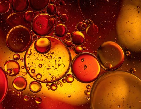 Abstract oil bubbles in red and orange liquid, macro texture, warm glow, liquid , creative design