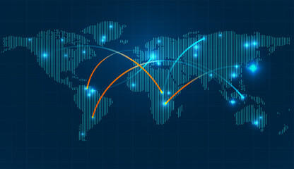 Global connections illustrated on a world map with interconnected lines representing networks and communication across continents, digital concept © Erick Setio Pamuji