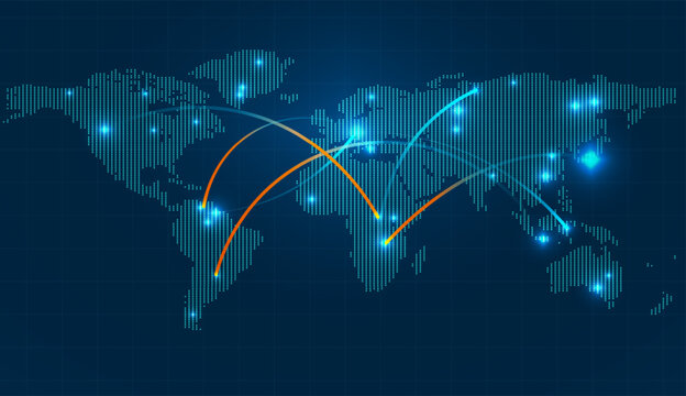 Global connections illustrated on a world map with interconnected lines representing networks and communication across continents, digital concept