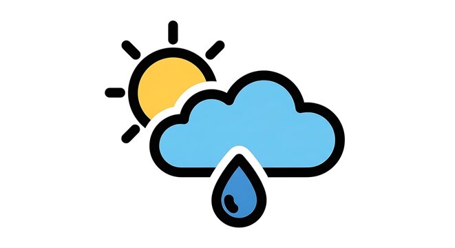 A stylized graphic representing weather. A sunny day with a cloud and a single falling raindrop is depicted. It's on white