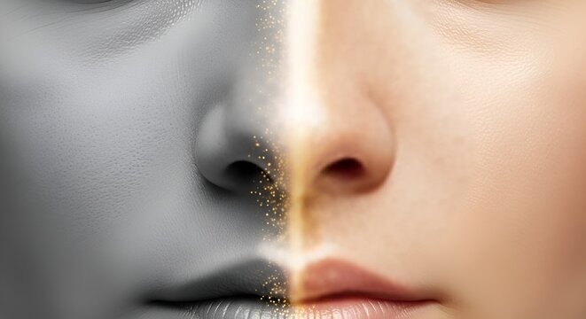 Close up portrait photograph showing a woman face with half skin in natural tone and half in matte grey texture