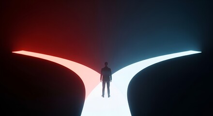 Fototapeta premium A professional businessman stands at a fork in the road contemplating his future path between glowing red and blue light