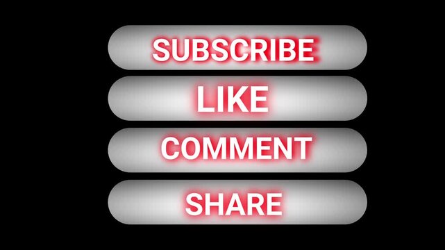 Motion graphics overlay with animated subscribe like comment share buttons for tv and online use. Modern clean interface design motion graphics of social media buttons subscribe like comment share