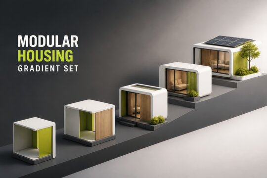 Architectural visualization of modular housing concept with prefab eco homes and solar roof in a modern gradient presentation set
