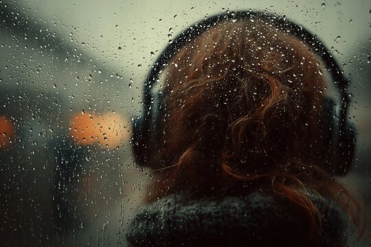 Person with headphones looks out a rain streaked window with blurred lights in the distance