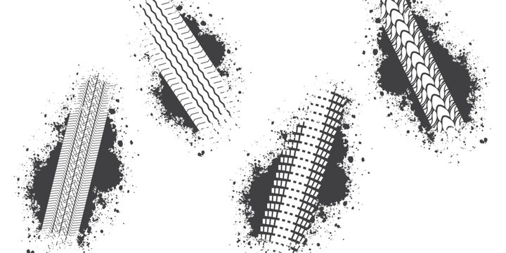 Black tire marks on road, Black rubber tire marks and tread marks, Tire trace track wheels texture and background. Eps 10