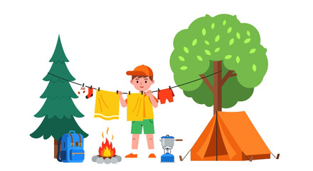 Camping, outdoor, vector illustration, kid, clothesline, tent, trees © Super