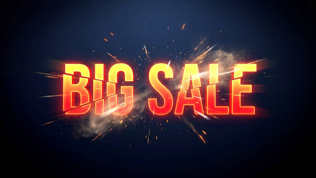 Big sale text exploding with golden sparks on dark background