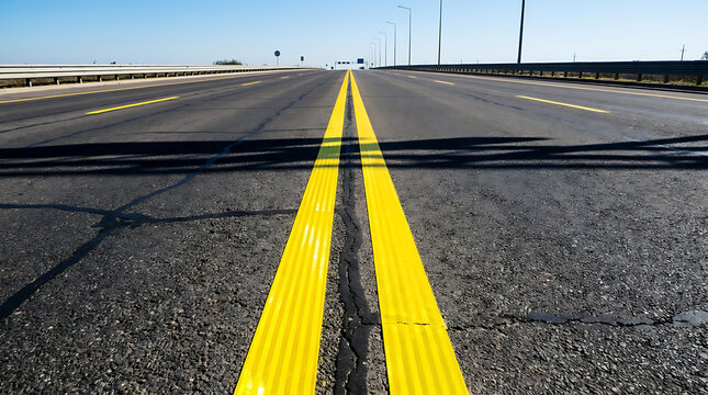 Vivid yellow double lines marking a smooth highway under a clear blue sky, guiding travelers forward