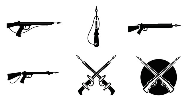 Speargun Icons: Fishing, Hunting, Underwater, Vector Graphics Set