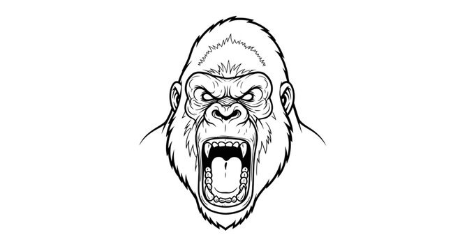 Fierce Gorilla Head Roaring, Aggressive Ape Face, Wild Animal Illustration