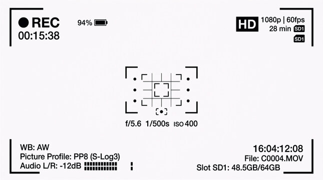 A comprehensive professional video camera monitor display overlay with advanced data grids, exposure settings, white balance, picture profiles, and audio level meters.
