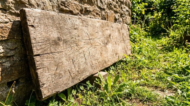 Weathered Old Wooden Plank Leaning Against Rustic Stone Wall in Garden