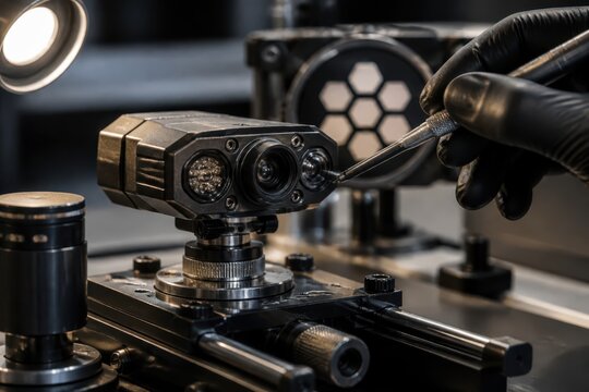 Industrial machine vision camera being calibrated in a modern automation lab with gloved technician and copy space