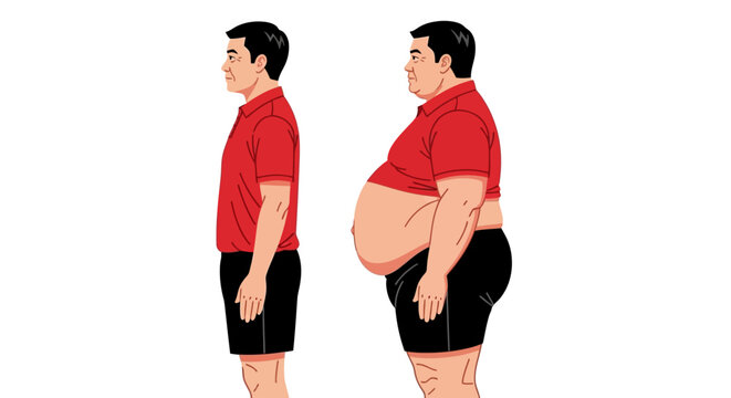 Obese and normal weight men, side by side comparison, vector illustration, health and wellness concept, weight difference