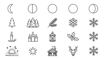 Winter Solstice Icon Set: Moon Phases, Snowflakes, Trees, Deer, Candle, Cabin © Embun