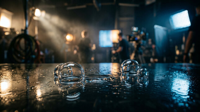 Cinematic extreme close-up shot of clear glass orbs on wet reflective surface in film studio with crew
