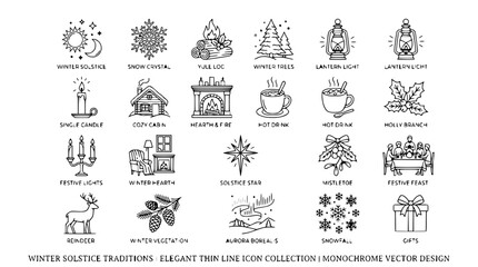 Winter Solstice Traditions: Elegant Thin Line Icons - Cozy Cabin, Fireplace, Snowflakes, Gifts © Embun