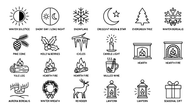 Winter Solstice Icons: Snowflake, Evergreen Tree, Fireplace, Reindeer, Gift Box