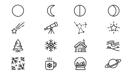 Winter Sky Icons: Moon Phases, Stars, Snowflakes, Aurora, Cabin, Telescope © Embun