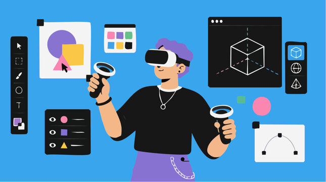 A flat design vector illustration featuring a non binary artist engaged in creative 3d modeling with virtual reality gear, representing modern digital design workflows and future tech innovation.