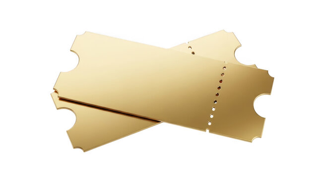 Two blank golden tickets with perforated edges isolated on transparent background