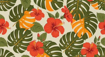 Tropical floral pattern, monstera leaves, red hibiscus flowers, green foliage, textile design © Super