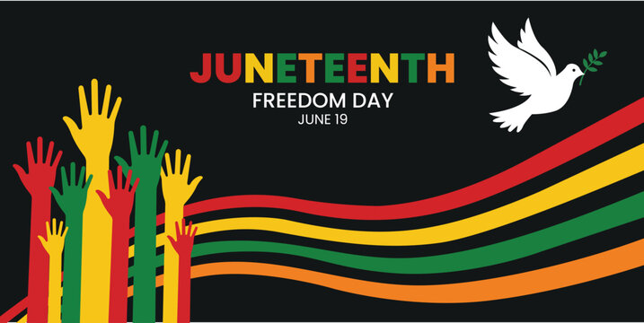 Juneteenth freedom day graphic with hands and dove on black