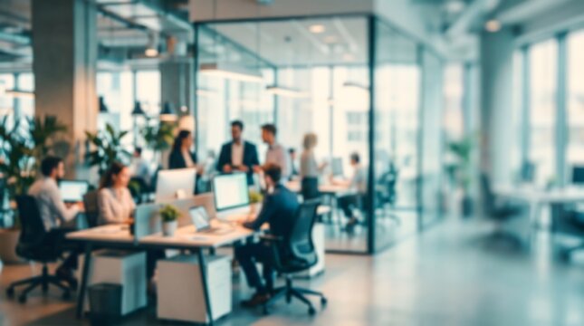 Modern open plan office interior with business people working and collaborating at desks, blur effect with professional corporate atmosphere.