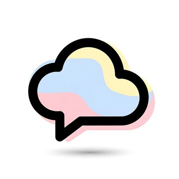 A stylized cloud-shaped speech bubble with a thick black outline, filled with soft pastel color blocks, casting a subtle shadow