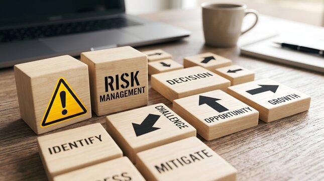 Business Risk Management and Strategy Concept with Wooden Blocks Featuring Key Action Terms