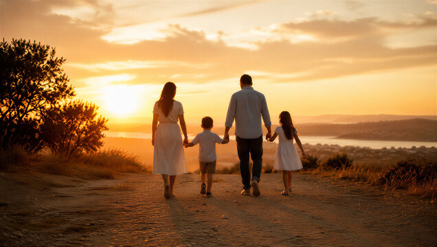 A loving family walks hand in hand along a peaceful outdoor path during golden sunset, symbolizing unity, togetherness, emotional connection, and family bonding